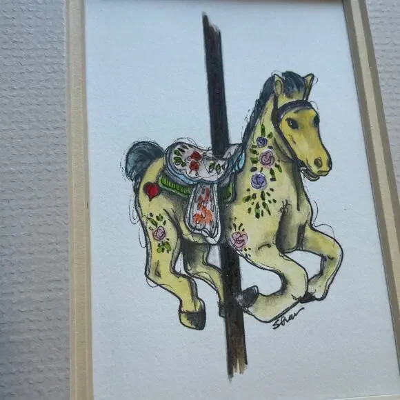 Yellow Carousel Horse 5x7 Matted Print Hand Watercolor, Signed Shar Coulson - Picture 4 of 8